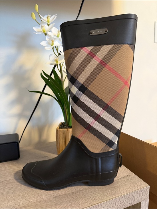 Burberry Shoes - Burberry Tan Plaid Rain Boots with Black Trim